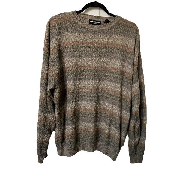 Vintage Belissimo Sweater Mens L Striped Grandpa 90s Knit Pullover - Picture 1 of 6